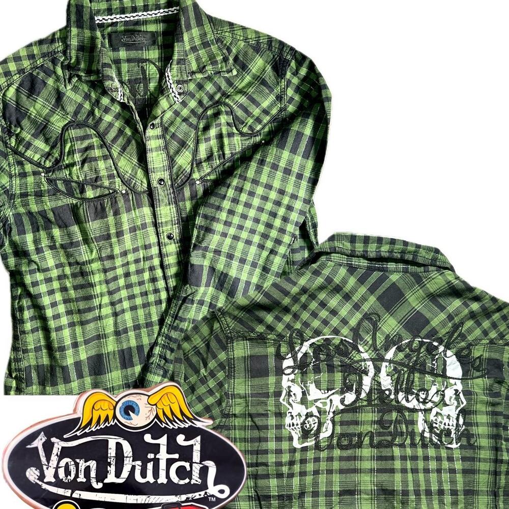Von Dutch Double Skull Green Plaid Cowboy Long Sleeve Button Up - Size L